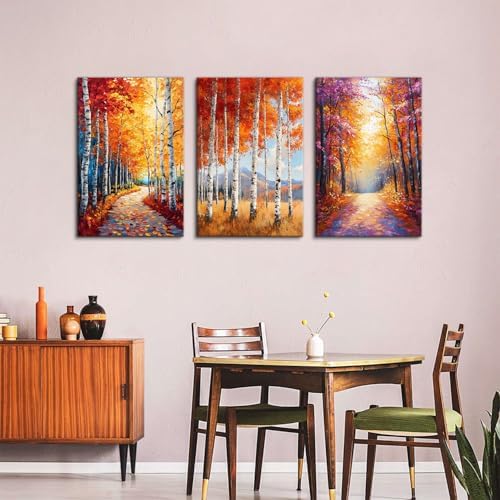 Orange Autumn Forest Wall Art Fall Forest Wall Decor Nature Woodland Pictures Gold Yellow Trees Landscape Canvas Prints Painting Botanical Artwork for Kitchen Living Room Home Decoration 24x36" 3Pcs