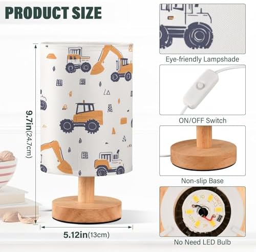 Construction Car Truck Excavator Pattern Table Lamp with Wood Base Fabric Lamp Shade Bedside Nightstand Desk Lamp for Living Room Bedroom Kids Room Office