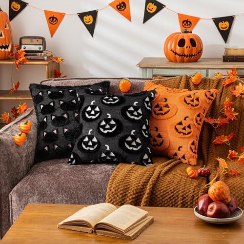 Orange Halloween Pumpkin Fall Throw Pillow Covers 20"x20" Set of 2 Soft Faux Fur Ghost Pillow Covers for Couch Sofa Bed, Cute Autumn Farmhouse Cushion Case for Holiday Home Living Room Decor