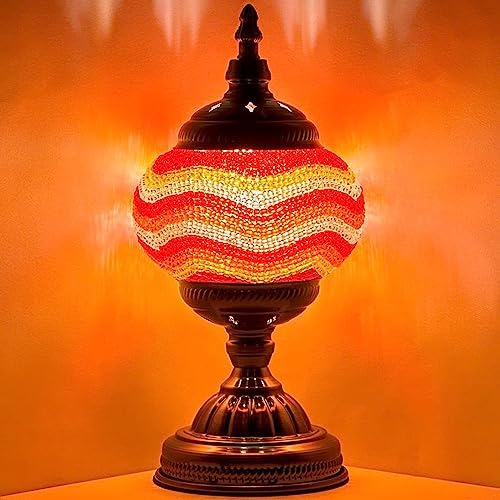 SILVERFEVER Handcrafted Mosaic Turkish Lamp Moroccan Glass Table Desk Bedside Light Bronze Base with E12 Bulb (Red Yellow Lines)