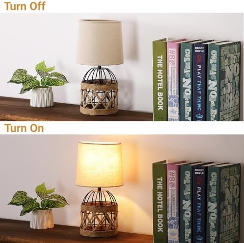 Boho Table Lamp for Bedroom, Small Bedside Lamp with Rattan Metal Cage Base and Linen Shade, Nightstand Lamp for Living Room, Farmhouse Coastal Rustic Bedroom Decor, E26 Socket, Bulb Not Included