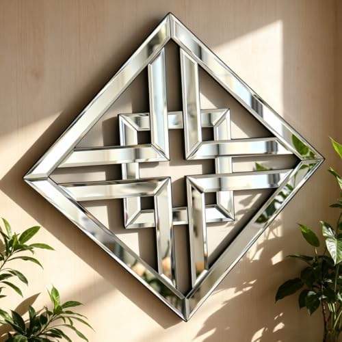 QMDECOR 12x12 Inch Geometric Wall Mirror with Beveled Edge - Modern Silver Decorative Mirror for Living Room, Entryway, Hallway & Bedroom - Durable Black MDF Backing with 3 Hanging Hooks