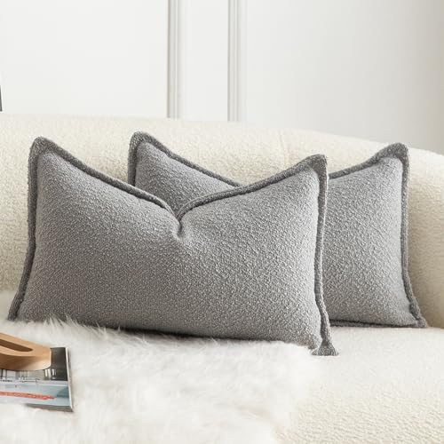 MANDIOO Pack of 2 Decorative Throw Pillow Covers Accent Solid Woven Textured Cushion Covers Pillow Cases Bedroom Living Room Sofa Home 12 x 20 Inch Light Gray