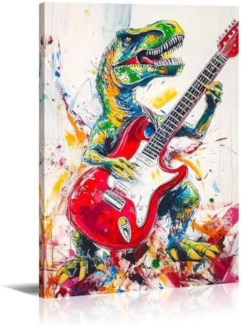 Dinosaur Canvas Wall Art Graffiti Wall Decor Framed Funny Dinosaur Play the Guitar Picture Modern Pop Painting Prints for Living Room Bedroom Home Office Ready to Hang - 16.00"x24.00"