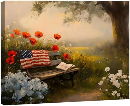 RIBNTAK Made in USA Farmhouse Floral 4th of July Canvas Prints– Vibrant Bench in Peaceful Garden Landscape Wall Art, Memorial Day Pictures for Living Room, Bathroom, or Office Wall Decor