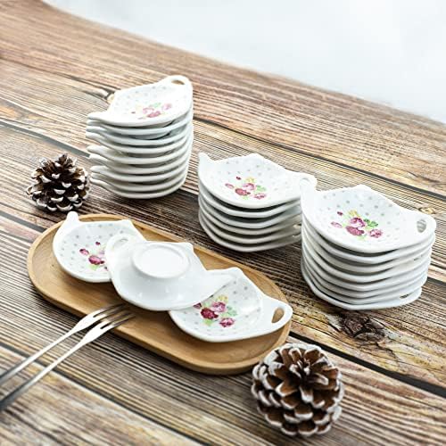 White Porcelain Ceramic Set with Flower Trim Teapot-Shaped Tea Bag Holder Tea Bag Coasters, Spoon Rests; Classic Tea Saucer Seasoning Dish Set (XQX)