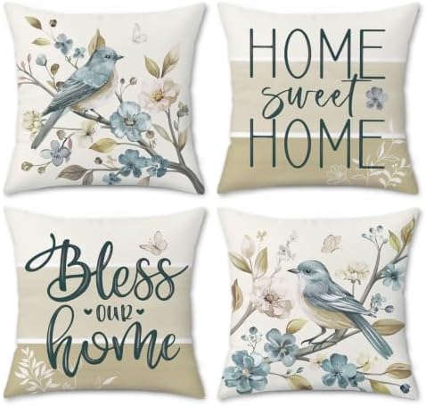 Bonhause Fall Brown Bird Floral Throw Pillow Covers 18 x 18 Inch Flowers Leaves Branch Home Sweet Home Autumn Soft Velvet Decorative Cushion Case for Outdoor Patio Sofa Couch Set of 4