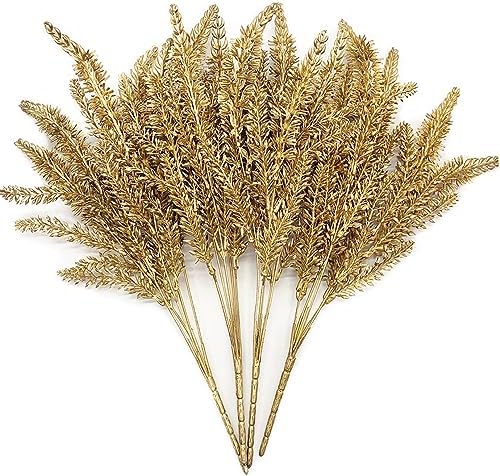 CATTREE Christmas Artificial Golden Plants, Plastic Grass Faux Shrubs Fake Lavender Leaves Simulation Wheat Ears Bushes Home Indoor Wedding Party Decoration Hall Table Planter Filler - Gold 4 Pack