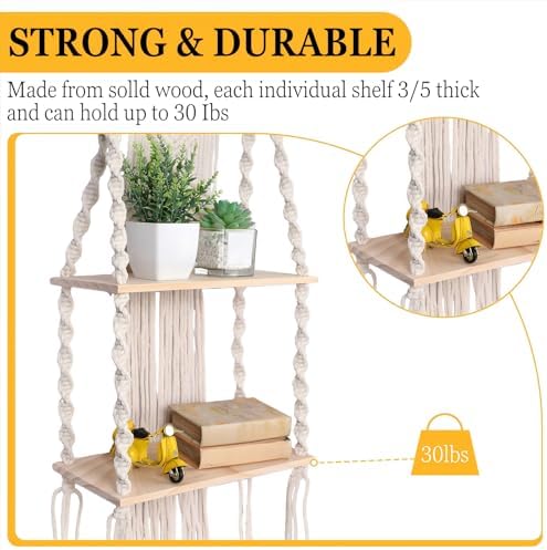 Barydat 1 Pack Macrame Wall Hanging Shelf 2 Tier Handmade Boho Hanging Wall Shelf Floating Woven Rope Decorative Storage Racks Holder Organizer for Home Bedroom Bathroom Plants, Beige (Classic)