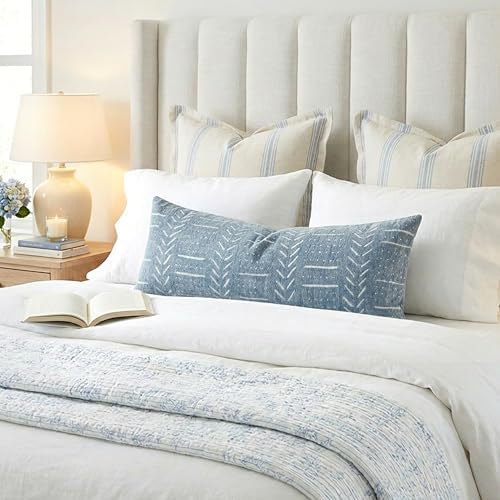 BlissBlush Coastal Blue Lumbar Pillow Cover 14x36 for Bed, Accent Long Lumbar Pillow Cover for Bedroom, Soft Woven Chenille Textured Farmhouse Boho Decorative Cushion Cover