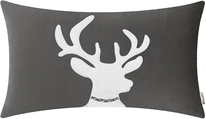 BRAWARM Christmas Pillow Cover 12 X 20 Inches, Gray Reindeer Embroidered Lumbar Pillow Cover, Soft Velvet Decorative Throw Pillow for Couch Bed Sofa Living Room Home