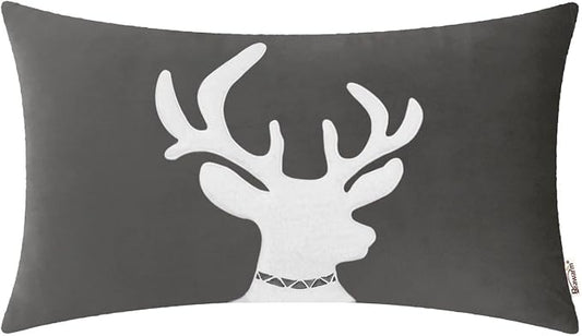 BRAWARM Christmas Pillow Cover 12 X 20 Inches, Gray Reindeer Embroidered Lumbar Pillow Cover, Soft Velvet Decorative Throw Pillow for Couch Bed Sofa Living Room Home