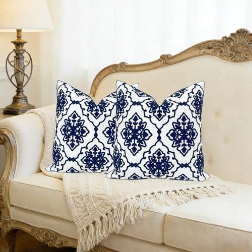 Slow Cow Pack of 2 Canvas Embroidery Decorative Cushion Covers Navy Blue Bohemian Flower Throw Pillow Covers 18 x18 inches