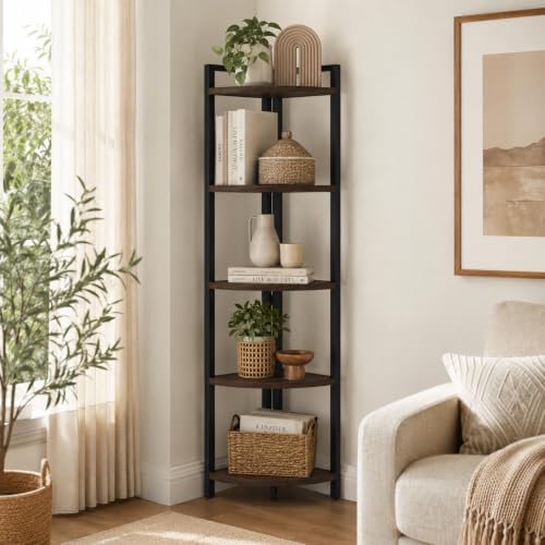 FATORRI Rustic Tall Corner Shelf, 5 Tier Industrial Corner Bookshelf for Living Room, Dark Wood and Metal Corner Plant Stand for Home Office (Walnut Brown)