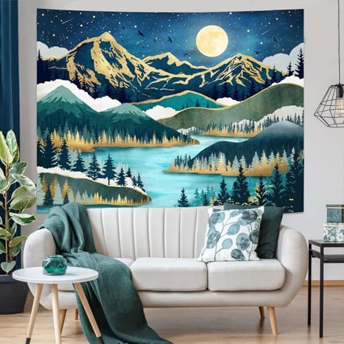 Neasow Mountain Moon Tapestry, Nature Forest Tree Lake Landscape Tapestries Star Starry Night Teal Blue Wall Decor for Home Bedroom 60×80 inch