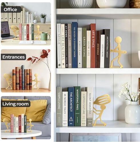 ENCIMART People Gold Bookends Decorative Metal Book Ends for Shelves
