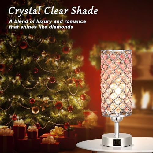 Hong-in Pink Crystal Touch Lamp with USB C+A, 3-Way Dimmable Bedside Lamp