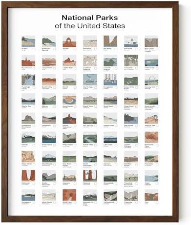 HAUS AND HUES National Parks Checklist Poster - 63 Illustrated Park Thumbnails Art Print - Vintage Style Print for Travelers, Nature Lovers, and Adventure Enthusiasts (Walnut Frame, 11x14)