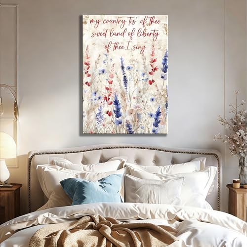 Made in USA Patriotic Framed Canvas Wall Art, My Country Tis of Thee Quote Canvas Print, Red White Blue Floral Wall Decor for 4th of July, Independence Day Home Decoration,8x12in