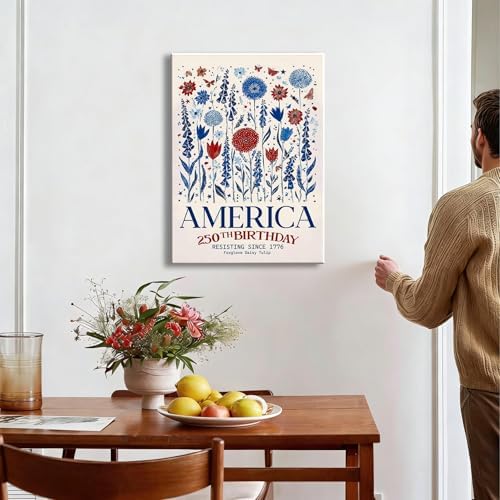 RIBNTAK Vintage Patriotic America 250th Birthday Wall Decor, 1776 Floral Canvas Prints, 4th of July Wildflower Art, Red White Blue Pictures for Kitchen, Office, Rustic Home, Made in USA