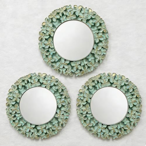 DXYAKY 3 Pack Floral Ornate Decorative Wall Mirror - Elegant Mint Green with Gold Accents, 9.8" Plastic Round Mirror Set, Lightweight Wall Art Décor for Bedroom, Bathroom, Living Room & Entryway