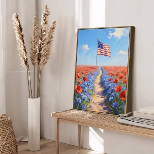 American Flag Framed Canvas Wall Art, 4th of July Patriotic Canvas Prints | Wildflower Field Landscape Poster Print, Vintage Rustic Independence Day Wall Decor for Bedroom Living Room 12×16in