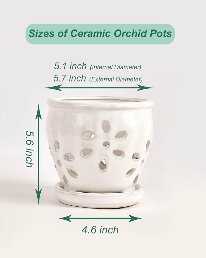 vensovo 5 Inch Ceramic Orchid Pot with Holes and Saucer, White
