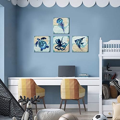 Boho Beach Bathroom Decor Navy Blue Fish Sea Turtle Jellyfish Octopus Canvas Wall Art Ocean Picture Nursery Kids Under the Sea Animal Painting for Living Room Bedroom Office Home Decorations 12x12" 4P
