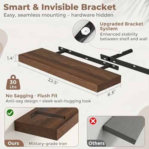 FLYJOE 22.5 Inch Floating Shelves for Wall Set of 2, 6.5" D Wood Grain Bathroom Shelves with Invisible Brackets, Easy Install Engineered Wood Storage Shelves for Kitchen, Living Room, Bedroom