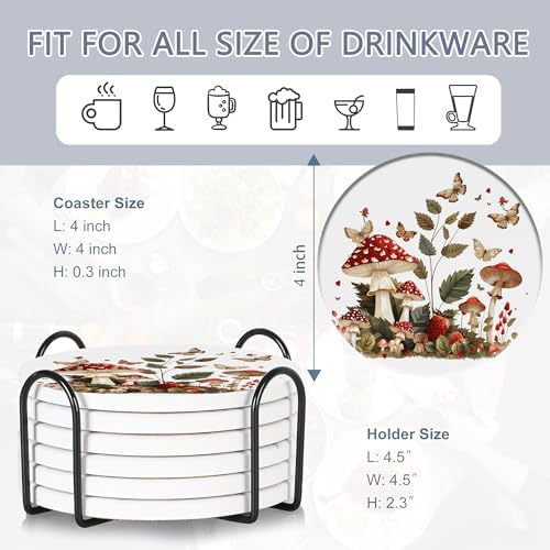 Drink Coasters Set of 6 with Holder, Mushroom Butterfly Absorbent Ceramic Drink Coaster for Tabletop Protection,Suitable for Kinds of Cups,Drinks Coasters for Home Office Decoration(4 Inches)