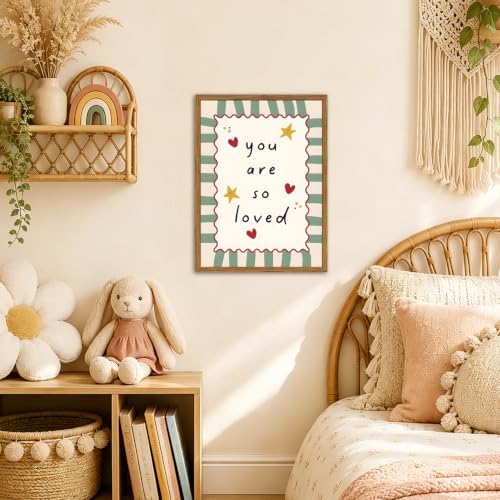 Framed You Are So Loved Wall Art, Cute Baby Boy Girl Nursery Wall Decor, Sage Green Striped Inspirational Quote Paintings Canvas Prints Pictures for Toddler Kids Bedroom 12x16 inch