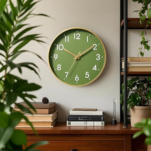 Mosewa 10 Inch Wall Clock Battery Operated Silent Non Ticking Analog | Olive green & gold modern clock; oversized 3D easy-read dial for kitchen, bedroom & office; 1 AA battery (not included)