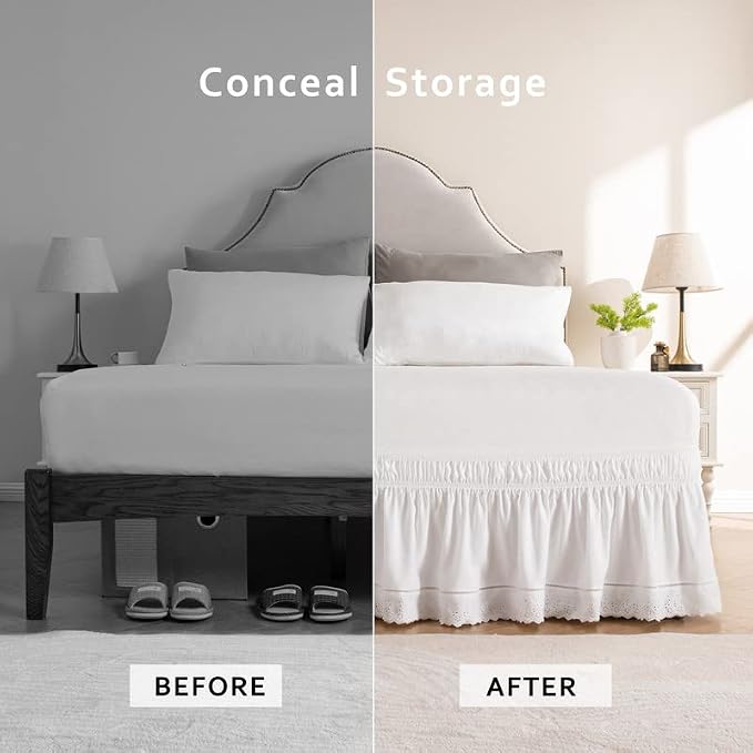 MIYE Wrap Around Ruffled Lace Bed Skirt, Elastic Dust Ruffle with Adjustable Belts, Easy to Put On, Bed Frame Cover, Machine Washable (Embroidered/White, King/Queen-22 Drop)