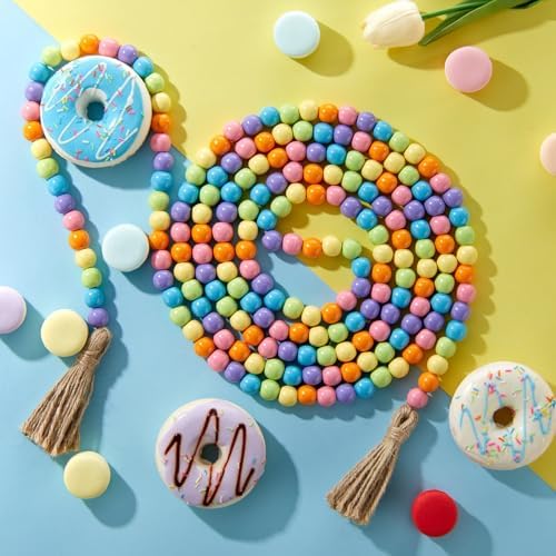 Equsion Rustic Wood Bead Garland with Tassel Farmhouse,Ice Cream Color