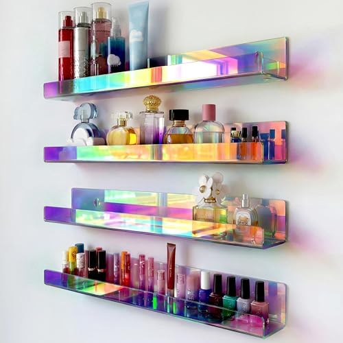 4 Pack 15 Inch Iridescent Acrylic Floating Wall Shelves, Rainbow Shelves
