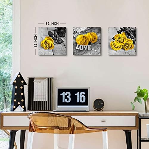 Yellow Wall Decor for Bedroom Roses Flower Pictures Yellow Bathroom Decor | Black and White Flower Canvas Prints Rustic Farmhouse Floral Paintings Modern Romantic Artwork Living Room Decor 12x12" 3 Pcs