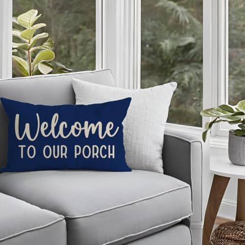 PANDICORN Outdoor Throw Pillow Covers 12x20 Inch Welcome to Our Porch, Blue