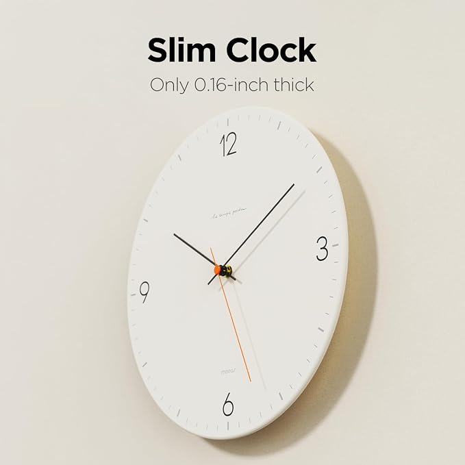 mooas Flatwood Wall Clock,12" Non-Ticking Sweep Movement (Simple White) | Decorative Battery Operated Wall Clock for Home Living Room Kitchen Bedroom Office School