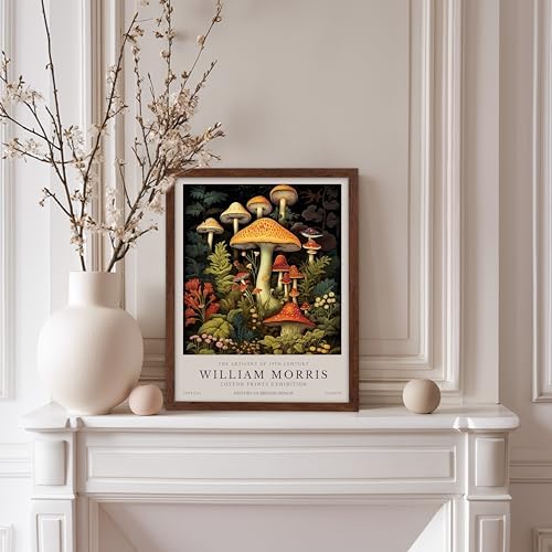 Poster Master William Morris Poster - Mushrooms Print - Flower Art - Farmhouse Illustration - Floral Illustration - Aesthetic Piece - Office or Living Room Decor - 8x10 Brown Framed