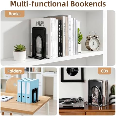 HappyHapi 3 Pairs Book Ends, Heavy Duty Bookends for Shelves, Black