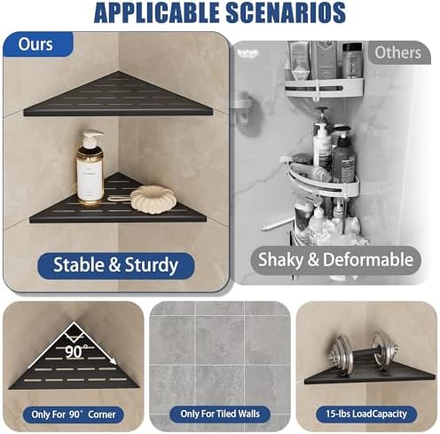 Neodrain 12 Inch Black Corner Wall Shelf for Tile Wall Insert, Set of 2