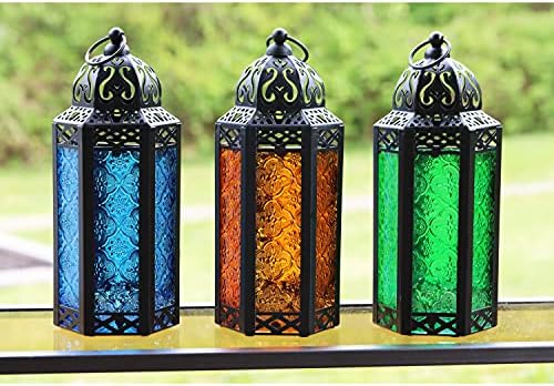 Vela Lanterns Decorative Indoor Moroccan Holder, Blue/Amber/Green, M, 3-PK