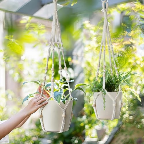 LEWESU Macrame Plant Hanger Indoor Set of 4 with 8 Hooks, Indoor Outdoor Hanging Planter for Plants Holder with Decorative Wood Beads & No Tassels, Boho Home Decor, 35 Inch Ivory (Pots Not Included)