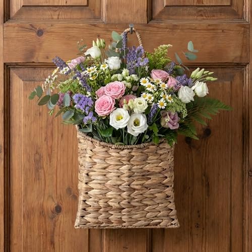 Water Hyacinth Hanging Wall Basket, Handwoven Wicker Wall Hanging Baskets for Home Decor, Entryway & Bathroom – Natural Handmade Door Basket for Stylish Wall Display,8.7 x 4.7 x 11.4 in