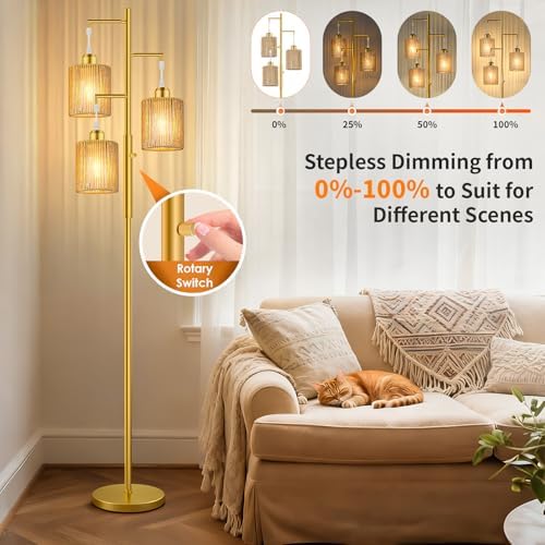 Hotsonic 72" Boho Rattan Tree Floor Lamp, Tall Dimmable Industrial Standing Lamp, Corner Decor Accent Lighting for Living Room, Bedroom, Dining Room, Nursery, Cafe (3 x 800LM Bulbs Included) - Gold