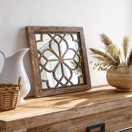 Set of 4 14 Inch Square Redbrown Window Pane Wall Mirrors, Shatterproof Rustic Farmhouse Boho Vintage Decorative Mirrors for Living Room Bedroom Bathroom Entryway