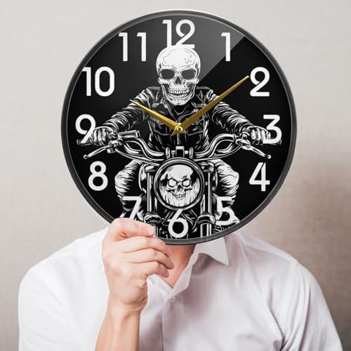 Naanle Chic Skull Guy Riding Motorcycle Round Wall Clock, 9.5 Inch Silent Battery Operated Quartz Analog Quiet Desk Clock for Home,Office,School