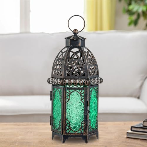 NEEDOMO Hanging Moroccan Lantern, 12.8'' Vintage Candle Holder, Metal Lanterns Decorative Indoor Outdoor, Table, Patio, Porch, Shelf, Gothic Home Decor (Green, Large Size)