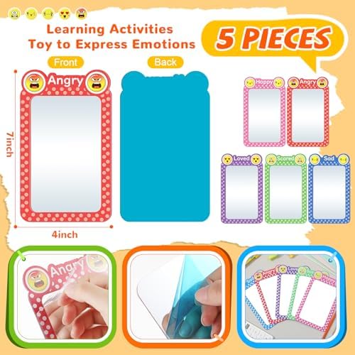 Dandat 5 Pcs Kids Mirror See My Feelings Mirrors, Shatterproof Mirror for Kids Social Emotional Learning, Round Corners Square Mirrors for School Classroom DIY Crafts Calm Down Corner Supplies
