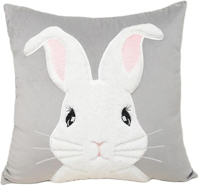Spring Easter Throw Pillow Covers 18x18 Funny Bunny Pillowcase,3D Embroidered Rabbit Cushion Cover Velvet Decorative Throw Pillows for Home Decor (Light Gray -1PCS)